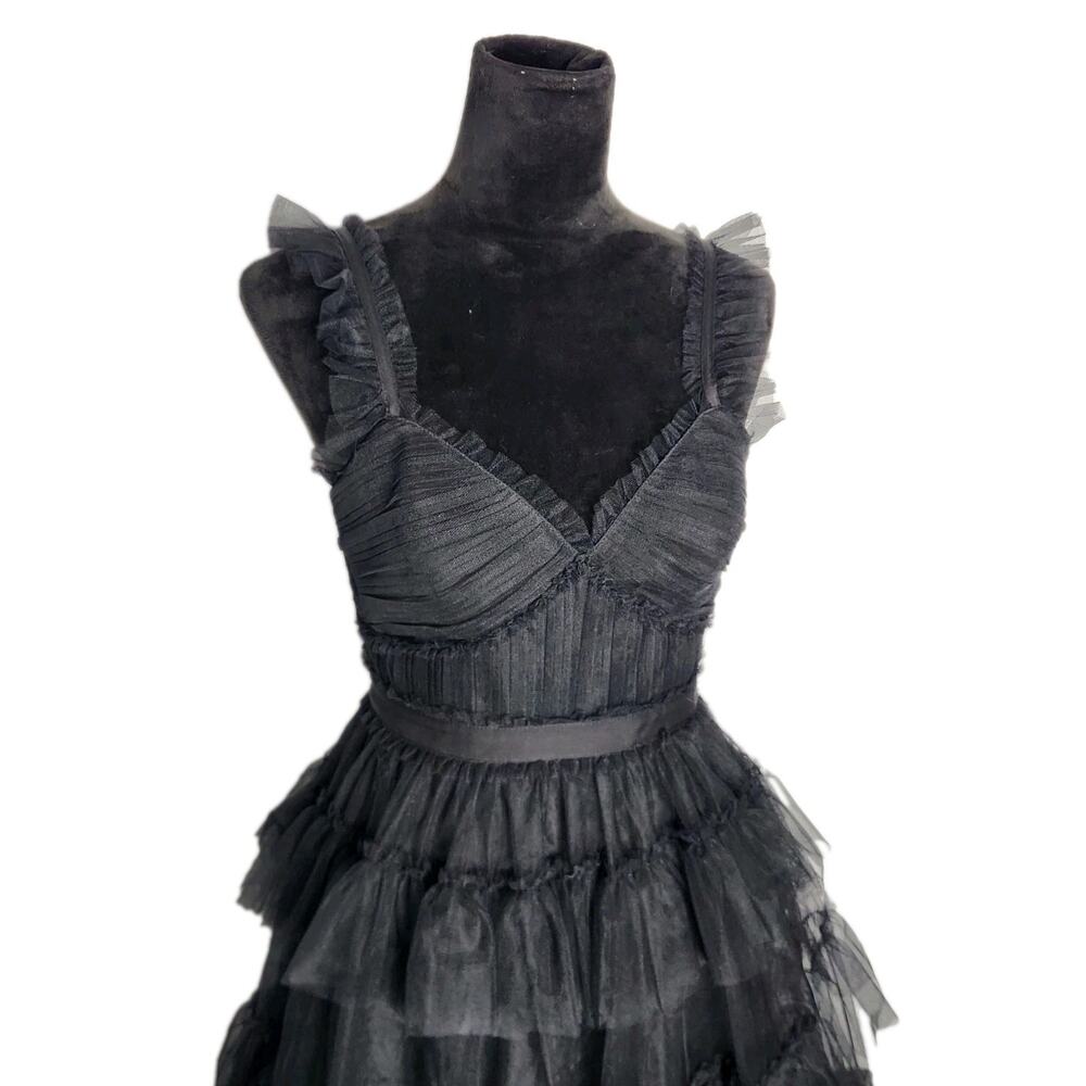 BCBGMAXAZRIA Black Tulle Tiered Maxi Dress Ruffle V Neck Formal Size 2 - Picture 4 of 10
